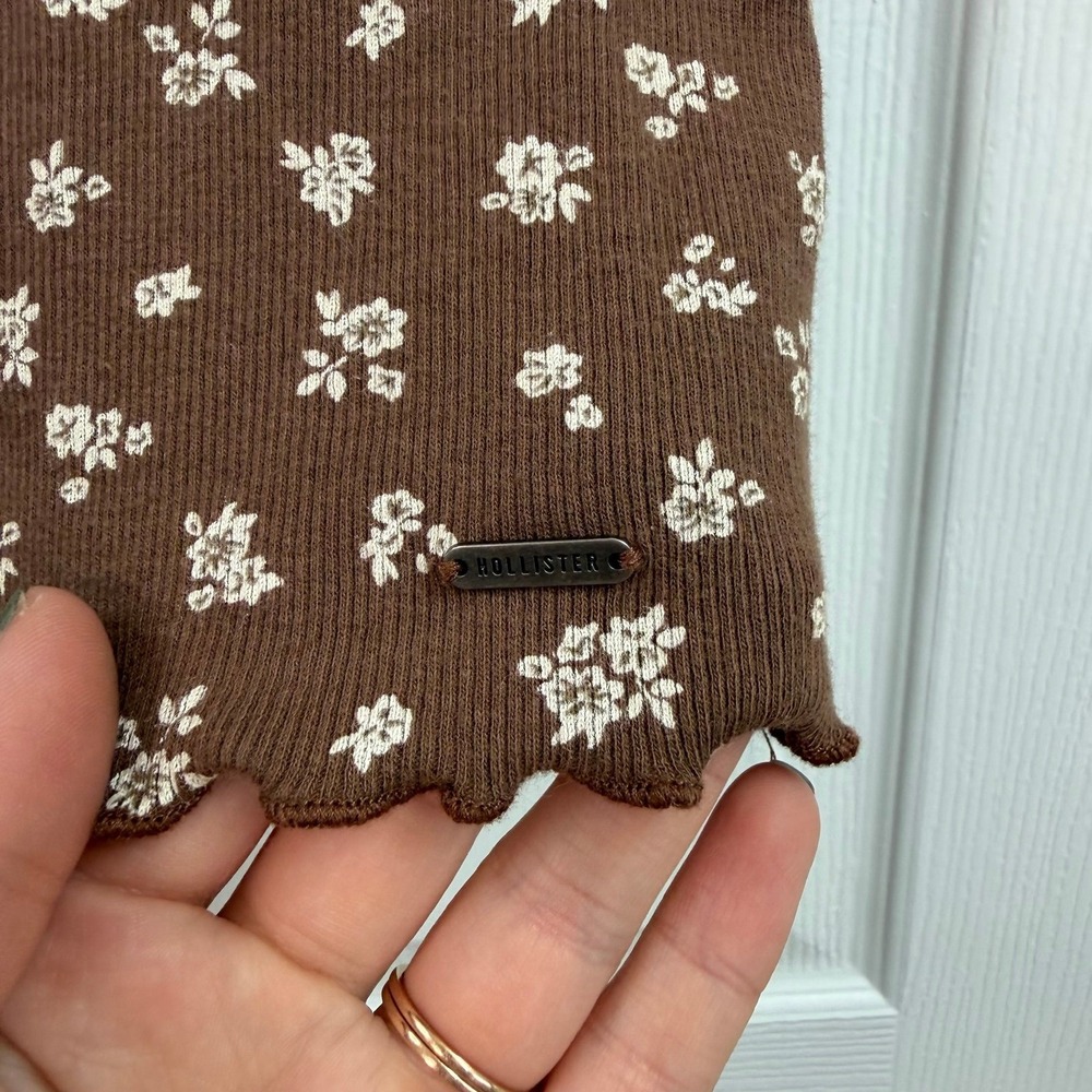 Hollister brown floral ribbed scoop neck baby doll crop stretch casual tee y2k S - Picture 4 of 7
